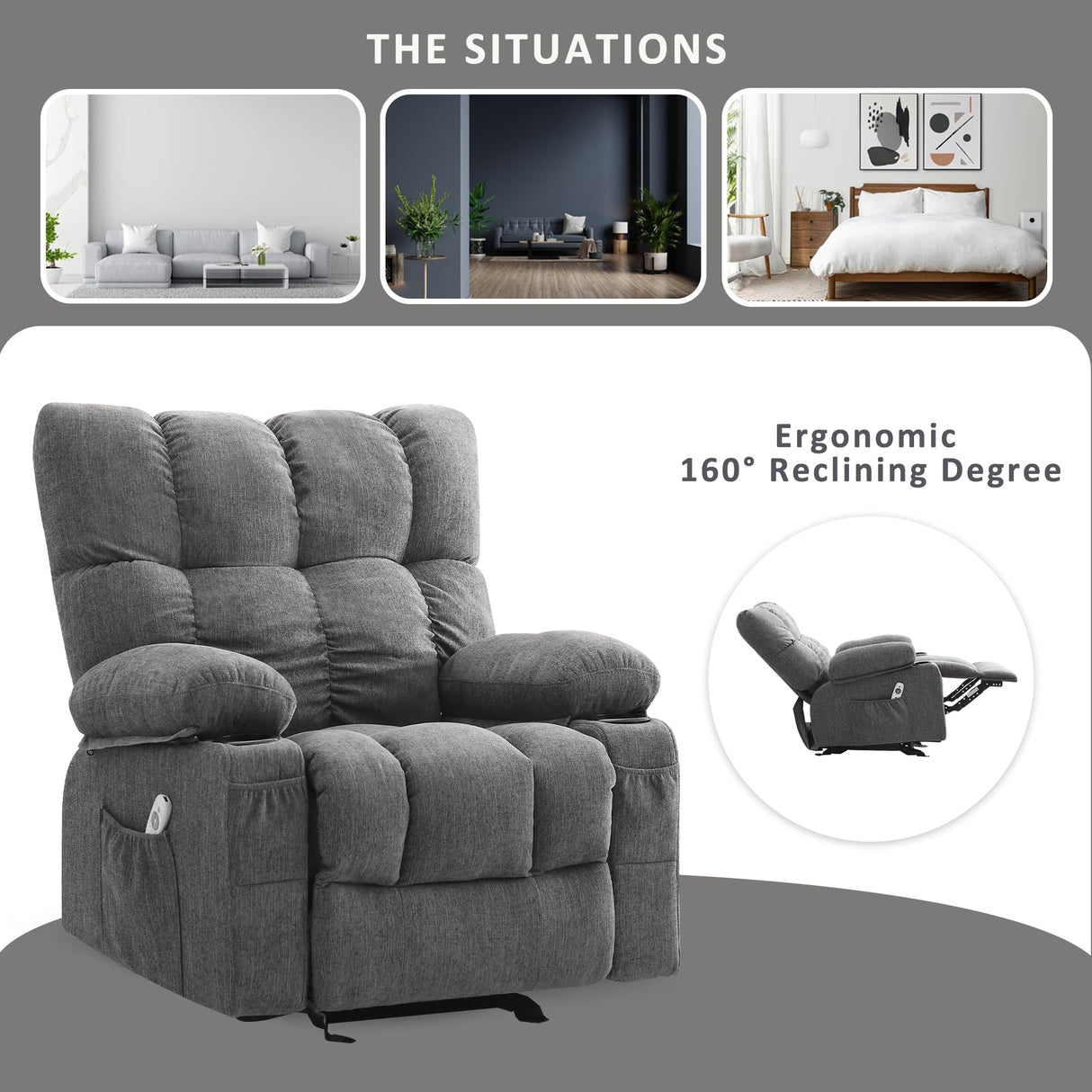 Massage Recliner Chair for Adults with Lumbar Heating Rocker Recliners with 2 Cup Holders and USB Charge Port for Living Room KWKSV