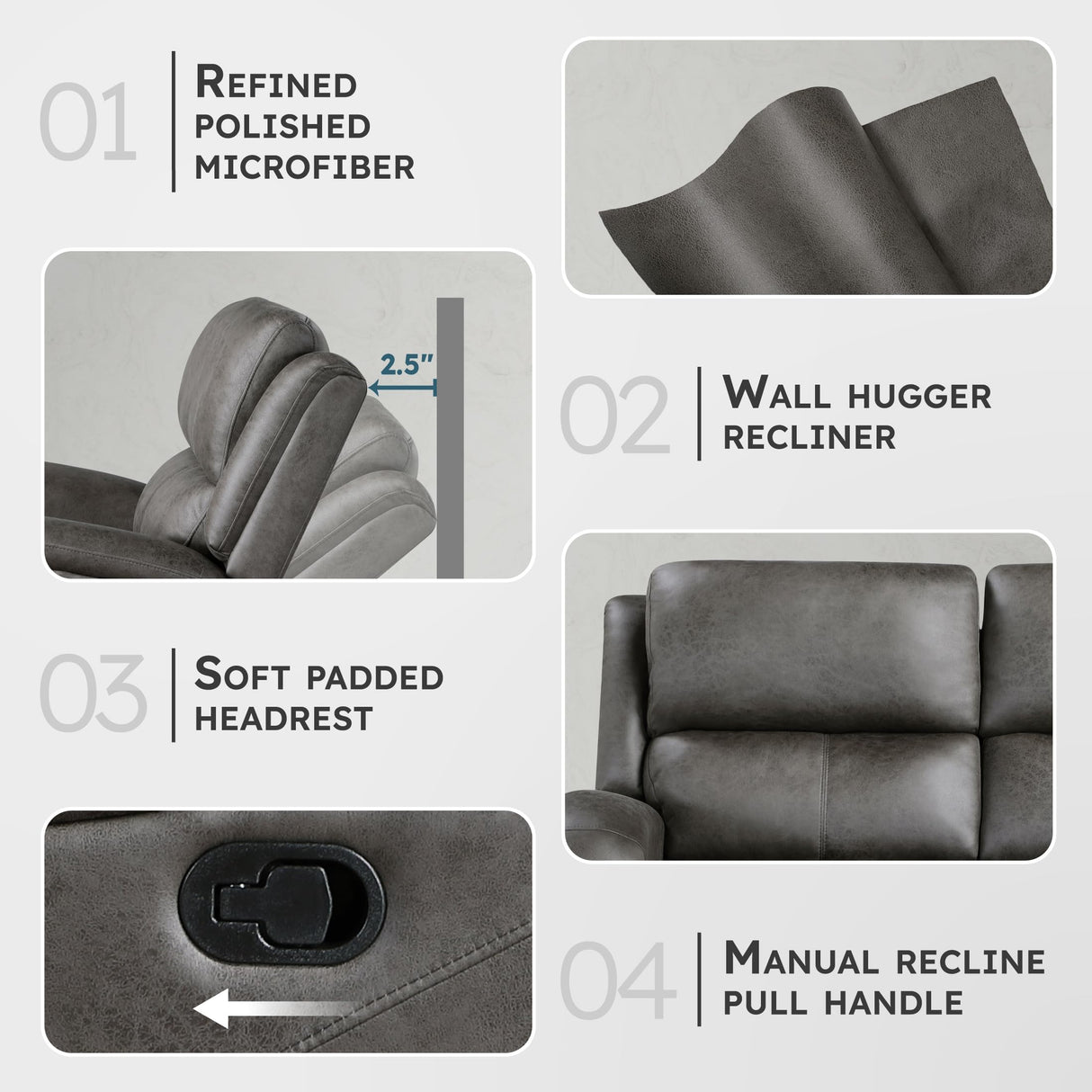 Lexicon Manual Double Reclining Sofa, Polished Microfiber Manual Wall Hugger Sofa Recliner for Living Room, Home Theater Seating, Track Arm, Stitching Cushion, Padded Foam Seat Cushion, Gray Lexicon