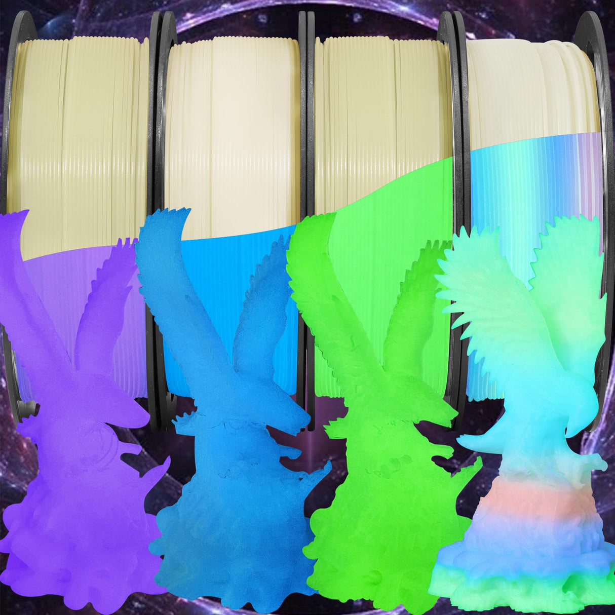 BBLIFE Glow in Dark PLA 3D Filament Bundle, 4 Popular Dark Luminous Colors: Glowing in Dark Green, Purple, Blue, Rainbow, Each Spool 0.25kg, 4 Spools, Total 1.75mm 1KG Fluorescent 3D Printer Material Bblife