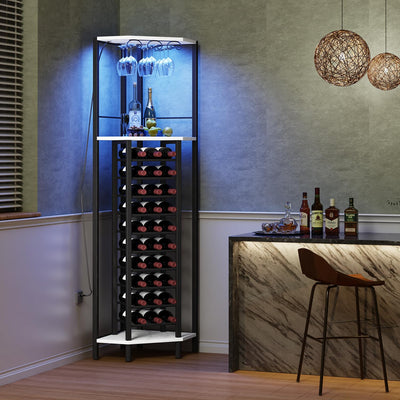 Homeiju Corner Wine Rack with Glass Holder and Led Strip Light, Corner Bar Wine Racks Freestanding Floor, Industrial Corner Bar Cabinet for Kitchen, Dining Room, Living Room or Cellar