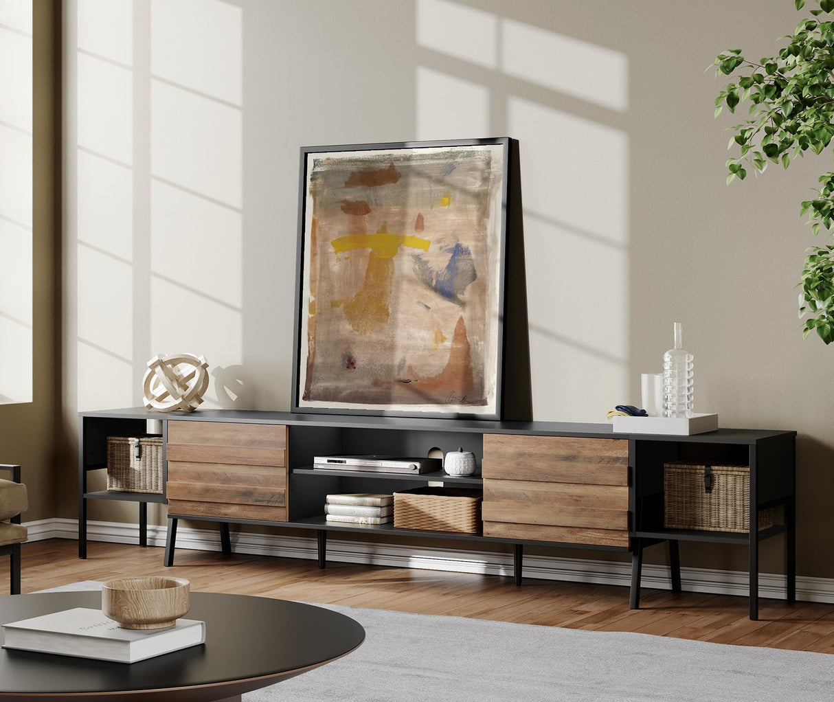 WAMPAT Mid-Century TV Stand for 100 Inch TV, Wood TV Console Media Cabinet with Storage for 85 90 95 inch TV Entertainment Center for Living Room Bedroom, Black & Oak WAMPAT