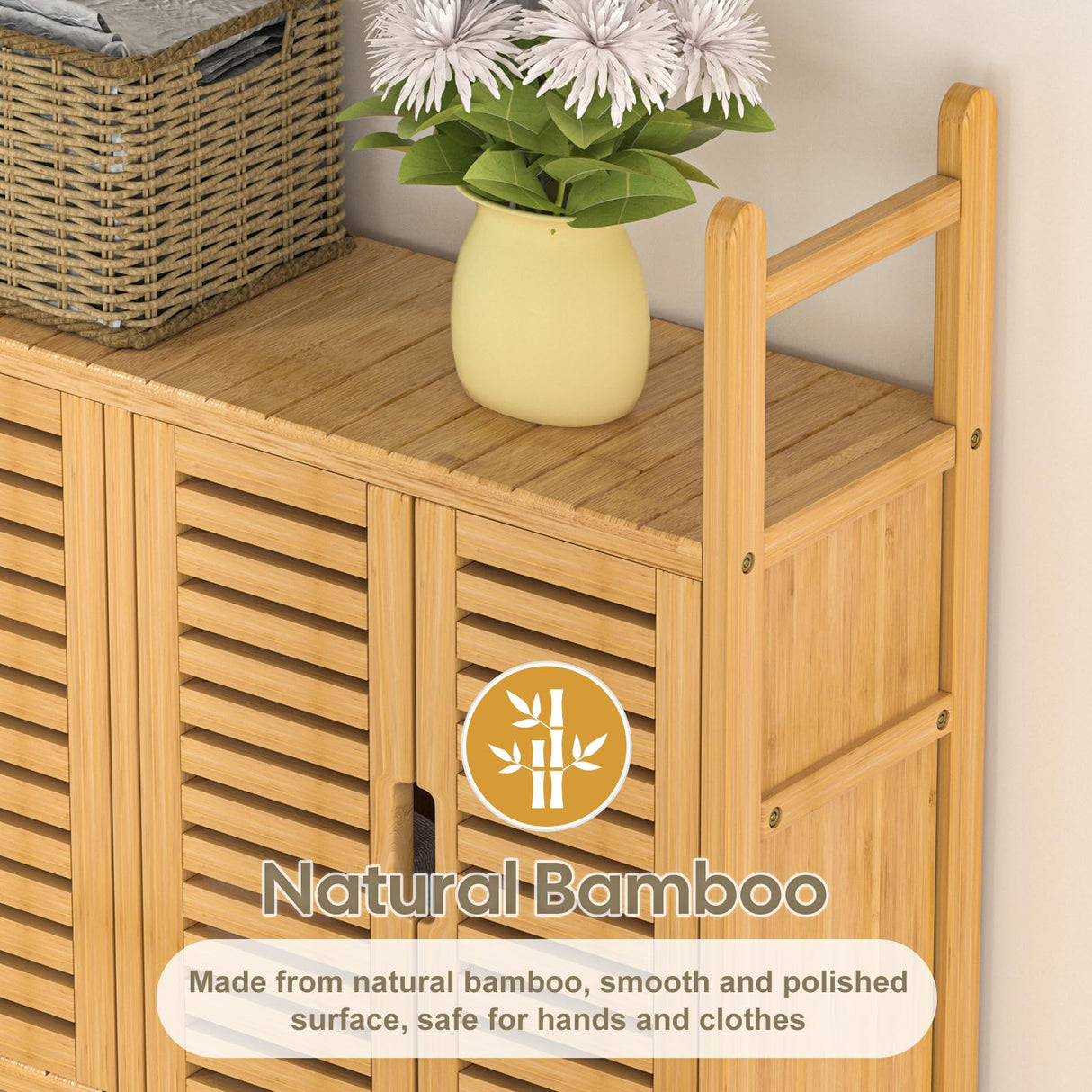 Cozivolife Bamboo Over-The-Toilet Storage Cabinet with Toilet Paper Holder and Four Doors Cozivolife