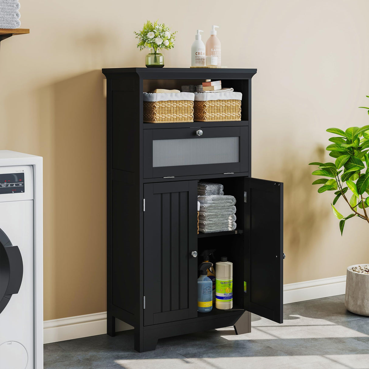 ChooChoo Bathroom Floor Storage Cabinet with Flip Glass Drawer, Bathroom Cabinets Freestanding with 2 Doors Adjustable Shelf and 1 Open Storage for Bathroom, Living Room, Hallway, Black ChooChoo