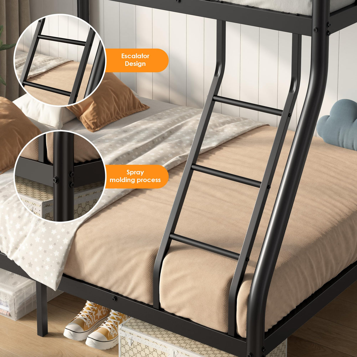 SDHYL Bunk Beds Twin Over Full Size, Heavy Duty Metal Bunk Bed Frame with Ladder & Guardrail, for Teens Adults, Space-Saving & No Box Spring Needed, Black SDHYL
