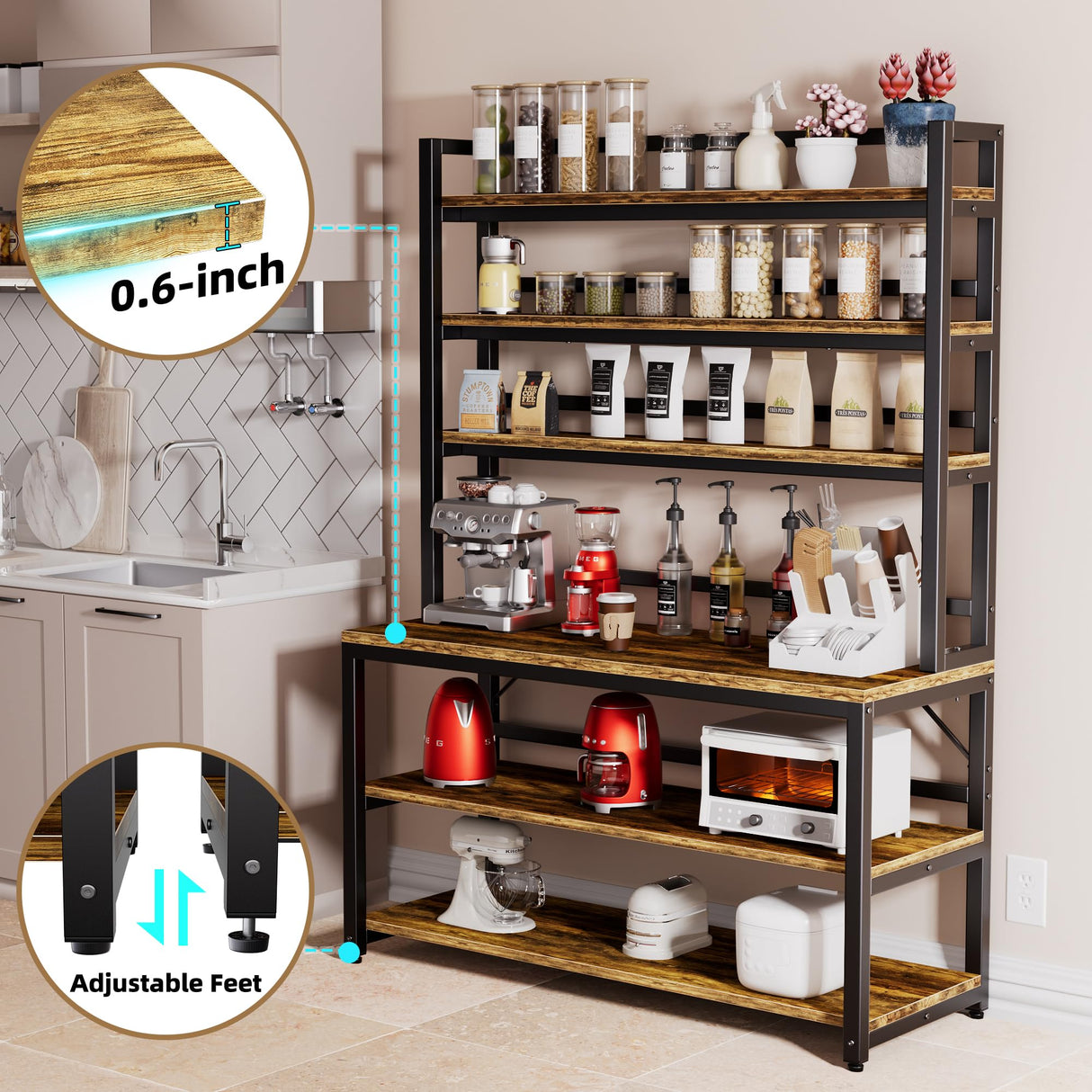 Aquzee Bakers Racks for Kitchens with Storage, 6 Tiers Large(47.2“W x 15.7”D x 70.8" H) Kitchen Stand with Hutch, Freestanding Organizer with Shelves,Rustic Brown Aquzee