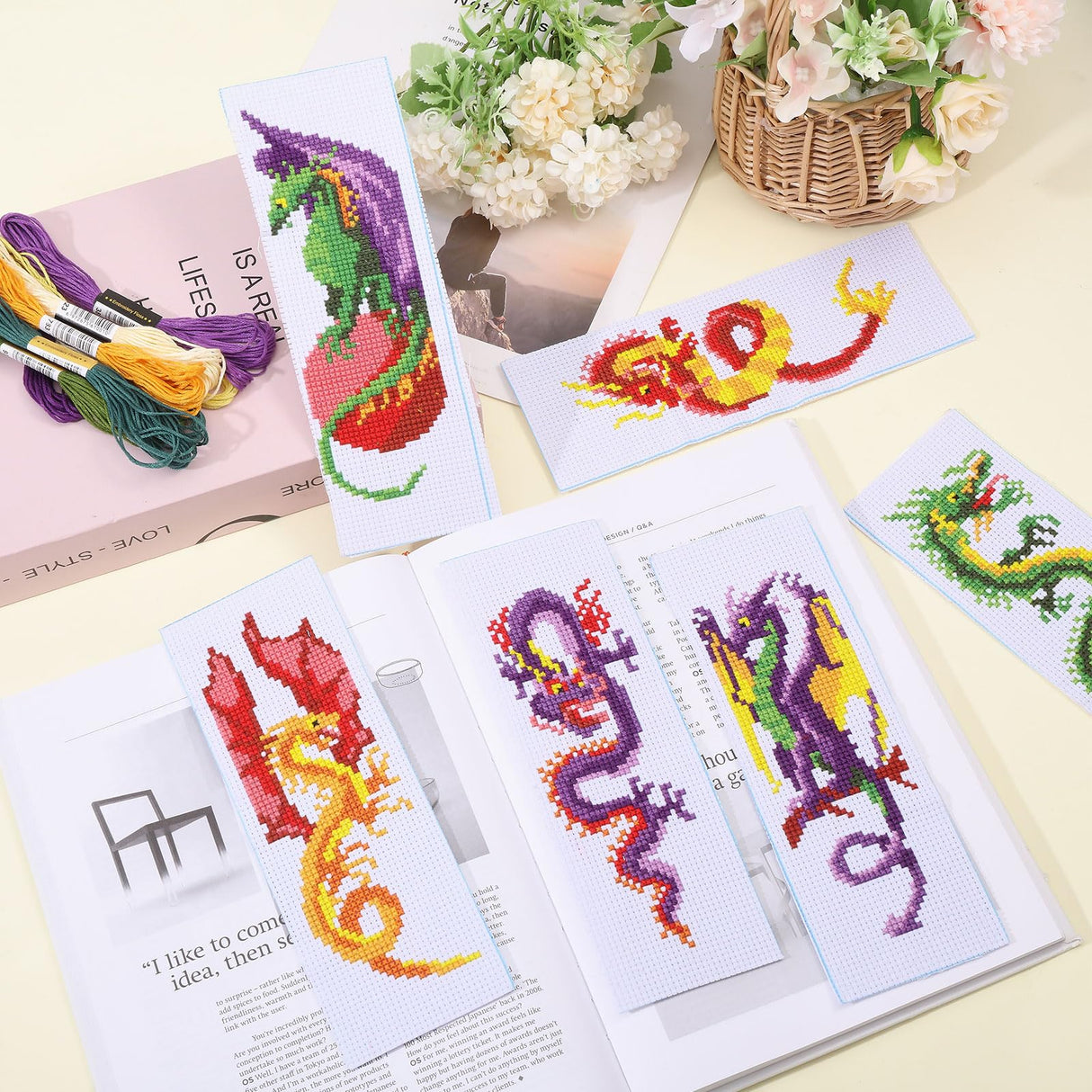 ORIGACH 6 Pcs Cross Stitch Bookmark Kit for Beginner Dragon Pattern Stamped Embroidery Stitch Kits for Starter DIY Bookmarks Printed Cross Stitch Kits with 13 Colors Embroidery Floss ORIGACH