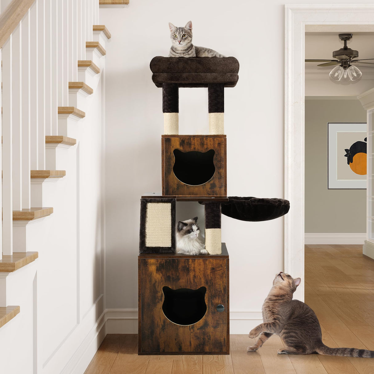 YITAHOME Modern Cat Tree with Litter Box Enclosure, Combo Endtable and Large Cat Tower with Basket, 4-in-1 Litter Box Furniture Hidden and Scratching Post for Large Cats YITAHOME