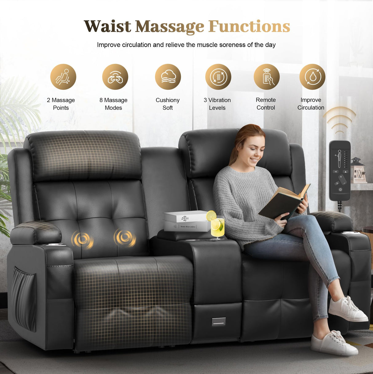 Reclining Loveseat, Massage Loveseat Recliner Sofa Heavy Weight Capacity, RV Love Seat Chair Clearance with Console, USB, Type C Port, Storage, Cup Holders, Wall Hugger Couch (Black, Loveseat) Aotolo