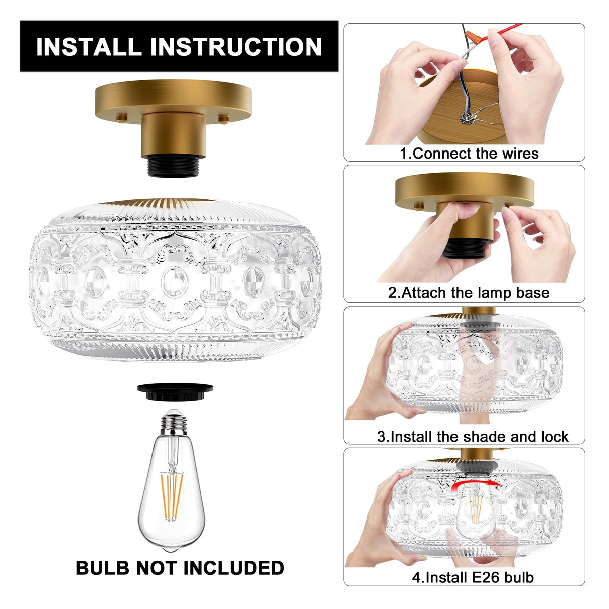 OYKYOHEI Semi Flush Mount Ceiling Light, Gold Vintage Kitchen Ceiling Light Fixture, Globe Glass Close to Crystal Modern Lighting for Hallway Bathroom Bedroom Porch Entryway, Bulb Not Included OYKYOHEI