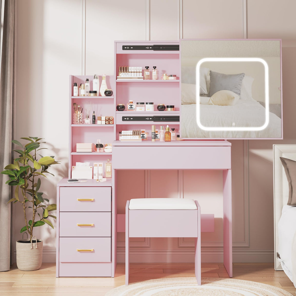 Patikuin Vanity Desk with Mirror and LED Lights, Makeup Vanity Desk with Sliding Lighted Mirror, Power Outlet, Dressing Table with 4 Drawers, Storage Shelves & Cushioned Stool for Bedroom, Pink Patikuin