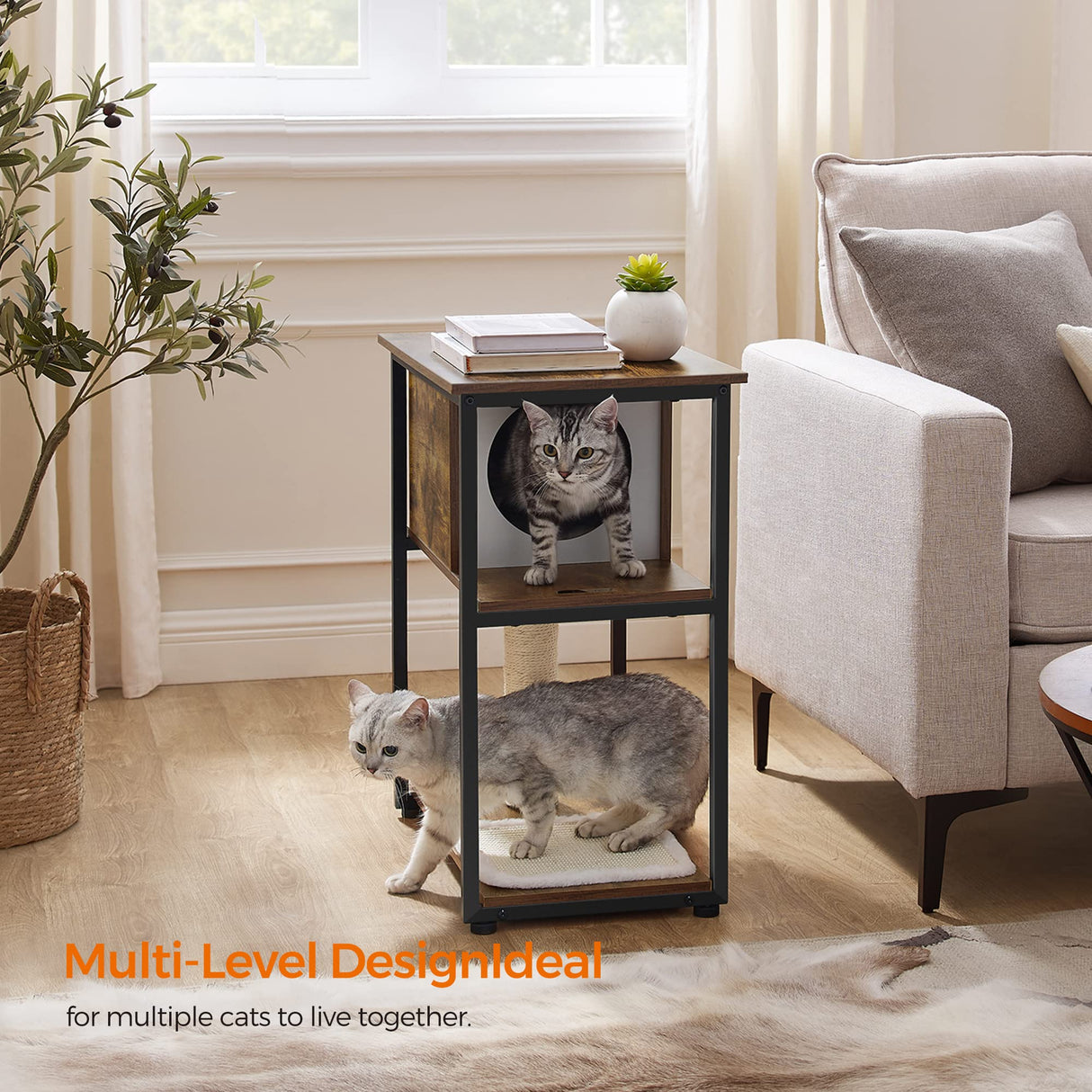 Feandrea Cat Tree and End Table, Cat Tower with Scratching Post and Mat, Cat Condo, Nightstand, for Living Room, Bedroom, Industrial Style, Rustic Brown UPCT111H01 Feandrea