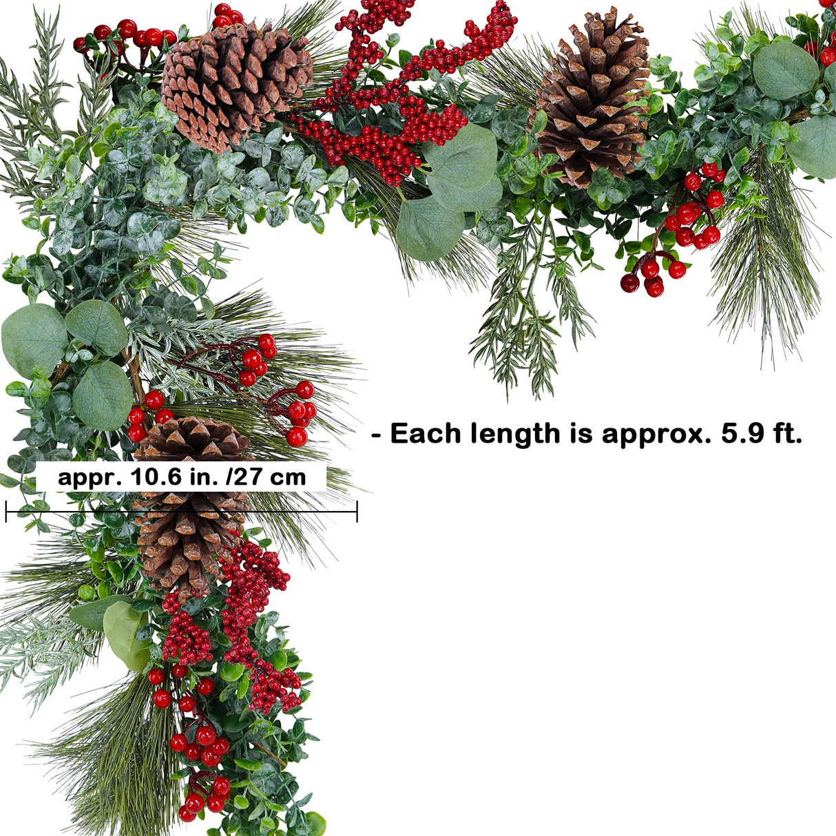 Winlyn 6' Long Artificial Eucalyptus and Pine Christmas Garland with Pine Cones Red Berries Pine Needles Winter Greenery Garland Christmas Season Holiday Wedding Table Runner Centerpiece Mantel Decor Winlyn