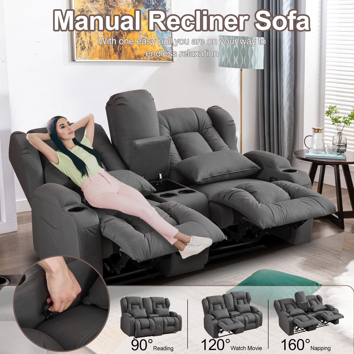 URRED Loveseat Recliner Sofa with Console, RV Manual Reclining Loveseat Couch Home Theater Seating with Cup Holders/Side Pockets/Pillows/Hide Storage for Living Room, Gray URRED
