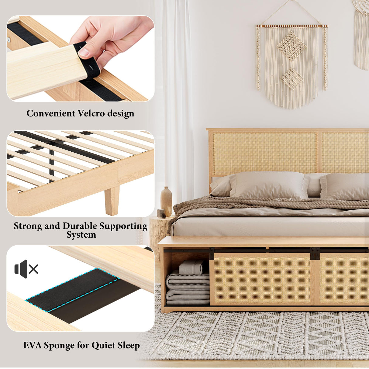 GAOMON Natural Rattan Full Size Bed Frame with Sliding Barn Door Storage Cabinets and LED Light Headboard, Boho Farmhouse Wood Platform Bed with Solid Wood Legs Support, No Box Spring Needed GAOMON