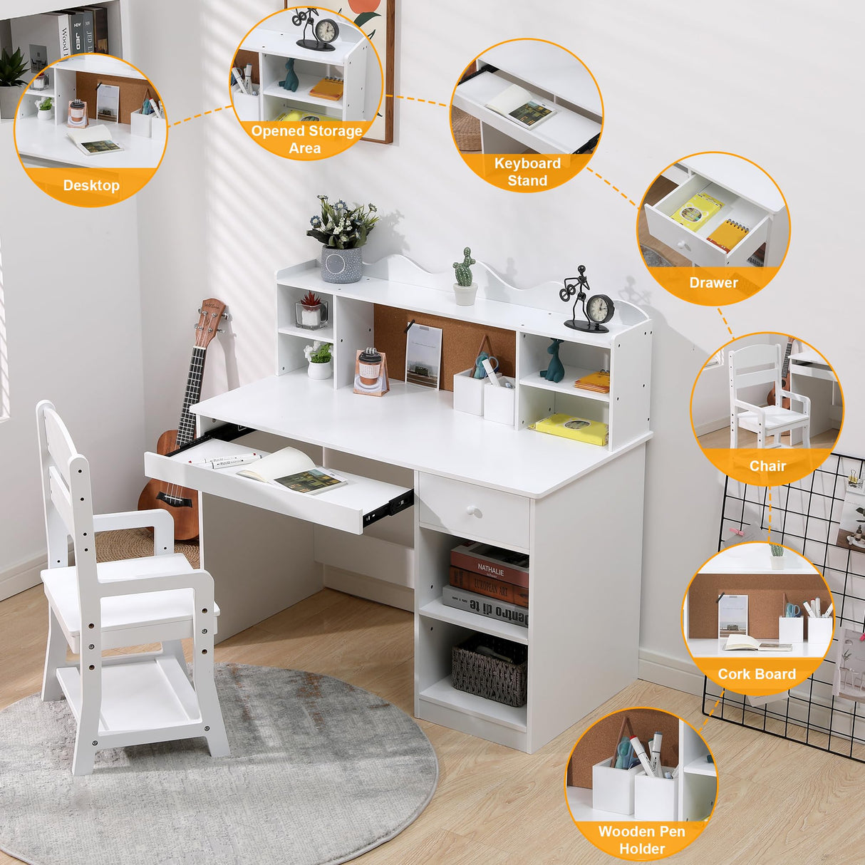 Kids Desk and Chair Set, Wooden Study Table with Storage Shelf, Bulletin Board, Keyboard Stand and Pen Holder, Children School Learning Desk Set, Writing Table for Boys and Girls, White GarveeHome