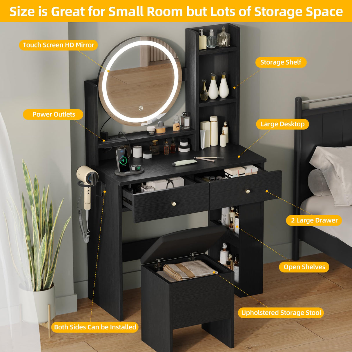 YITAHOME Makeup Vanity Desk with Mirror and Lights, Vanity Table Set with Power Outlets, Storage Drawer, Chair and 3 Shelves, Bedroom, Dark Black YITAHOME