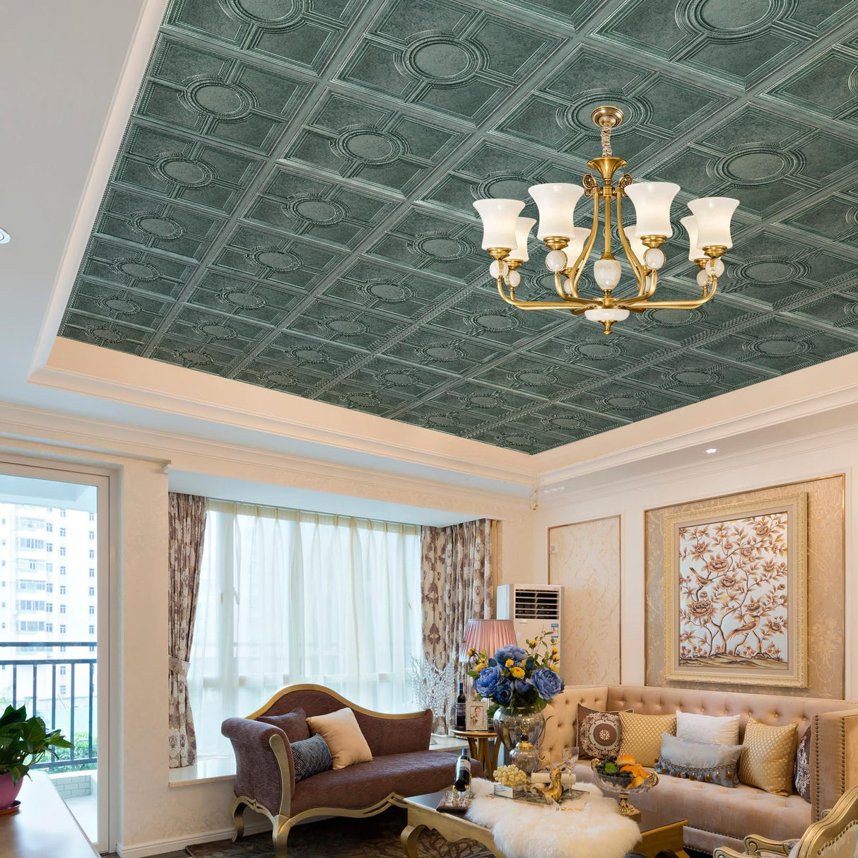 STICKGOO PVC Ceiling Tiles 24 x 24in, Antique Green Bronze Decorative Drop Ceiling Tiles,12-Pack Cover 48 Sq. Ft STICKGOO