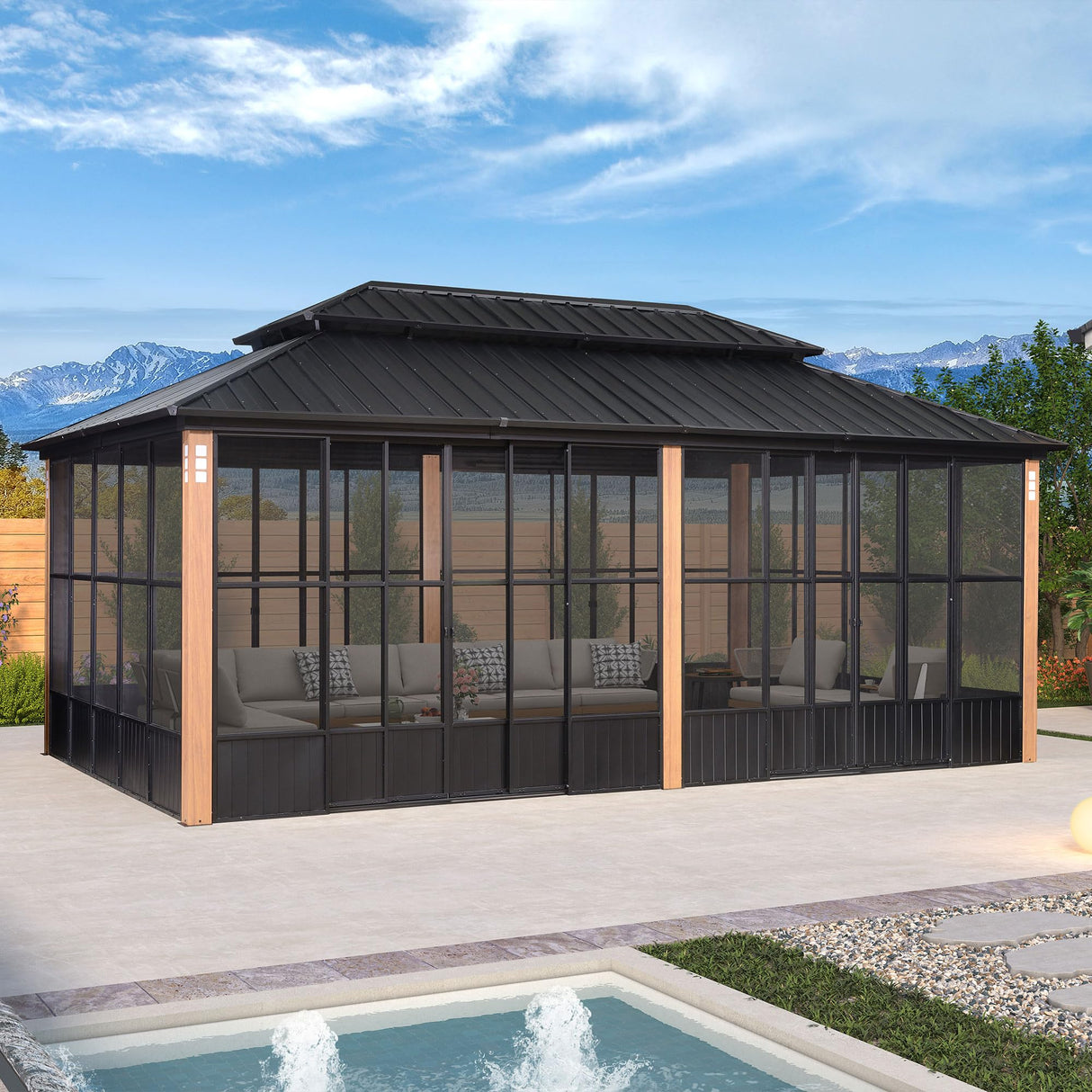 PURPLE LEAF 12' X 20' Sunroom Patio Hardtop Gazebo Double Top Galvanized Steel Roof Outdoor Screen House Aluminum Solarium Backyard Sun Room PURPLE LEAF