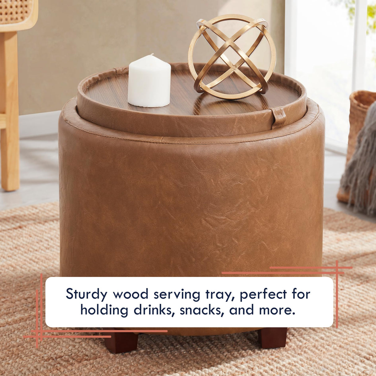 Ornavo Home Lawrence Round Storage Ottoman with Lift Off Lid and Tray Lid Coffee Table, Ottoman with Storage for Living Room, Bedroom and Office, Faux Leather Mocha Ornavo Home