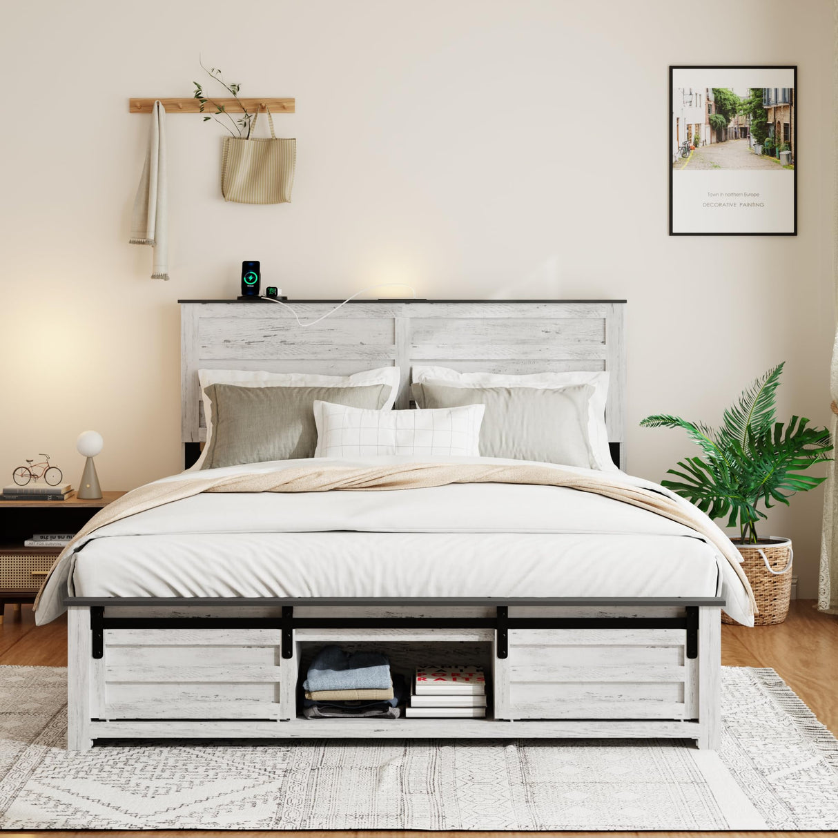 SAMTRA Wooden Queen Size Bed Frame with Headboard, Boho White Farmhouse Storage Bedframe with Sliding Barn Door Footboard and Charging Station, Wood Slats, No Box Spring Needed SAMTRA