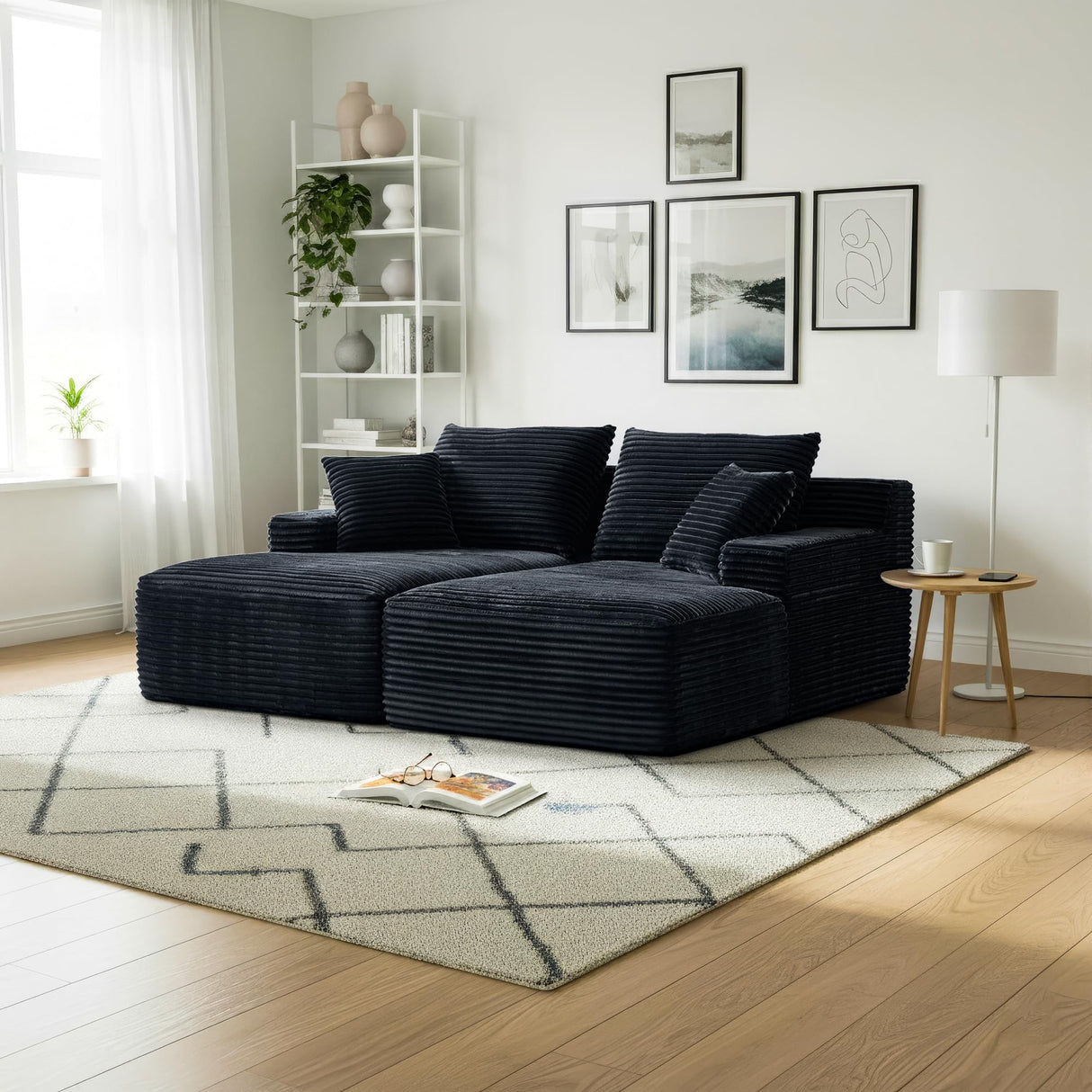 80" Oversized Double Chaise Lounges Indoor, Upholstered Boneless Couch with Deep Seat and 4 Pillows, Modern Corduroy Cloud Plush Sleeper Loveseat Memory Foam Couch, No Assembly Required, Black GULFXDS