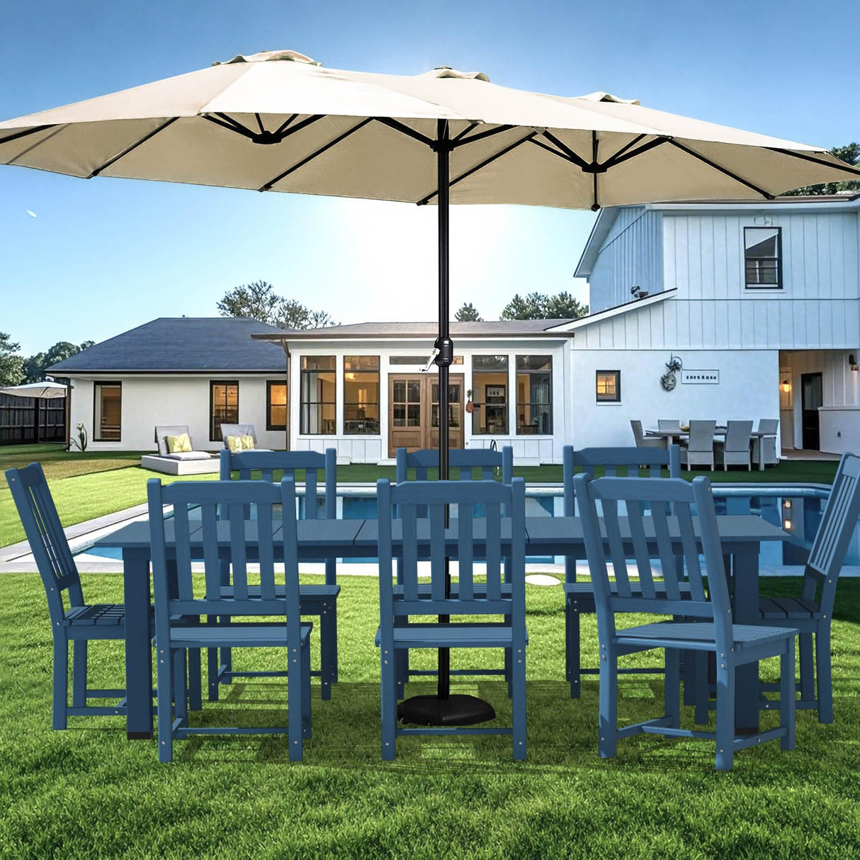 LOUNZY 9 Pieces Patio Dining Sets, Outdoor HDPE Furniture Set for 8 w/ 2" Hole Cut-Out Dining Table with 8 Patio Chairs(2 W/Armrest, 6 w/o Armrest), Navy LOUNZY