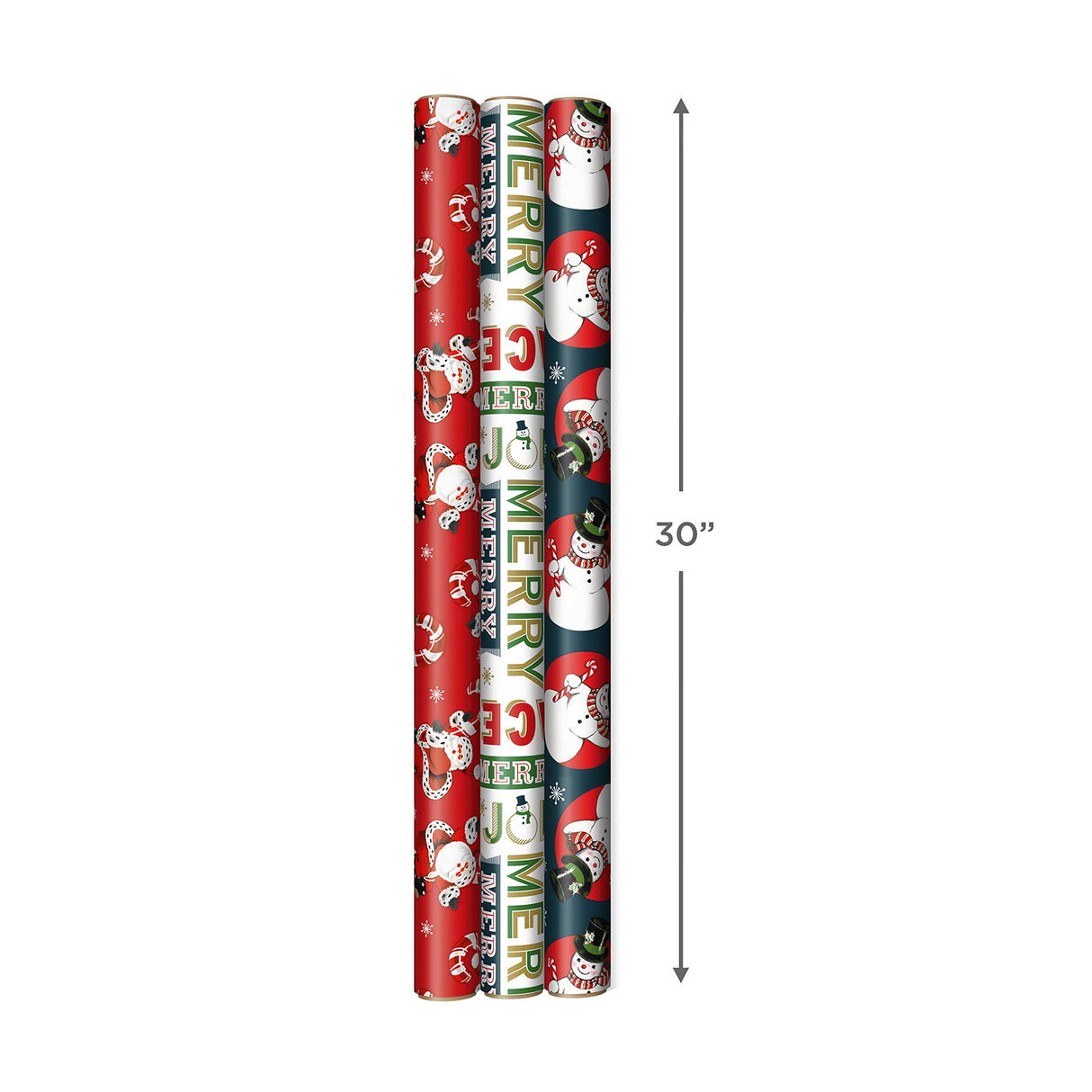 Hallmark Vintage Christmas Wrapping Paper Cut Lines on Reverse (3 Rolls: 120 sq. ft. ttl) Dancing Santas, Classic Snowman, "Merry, Jolly, Happy, Peace" Hallmark
