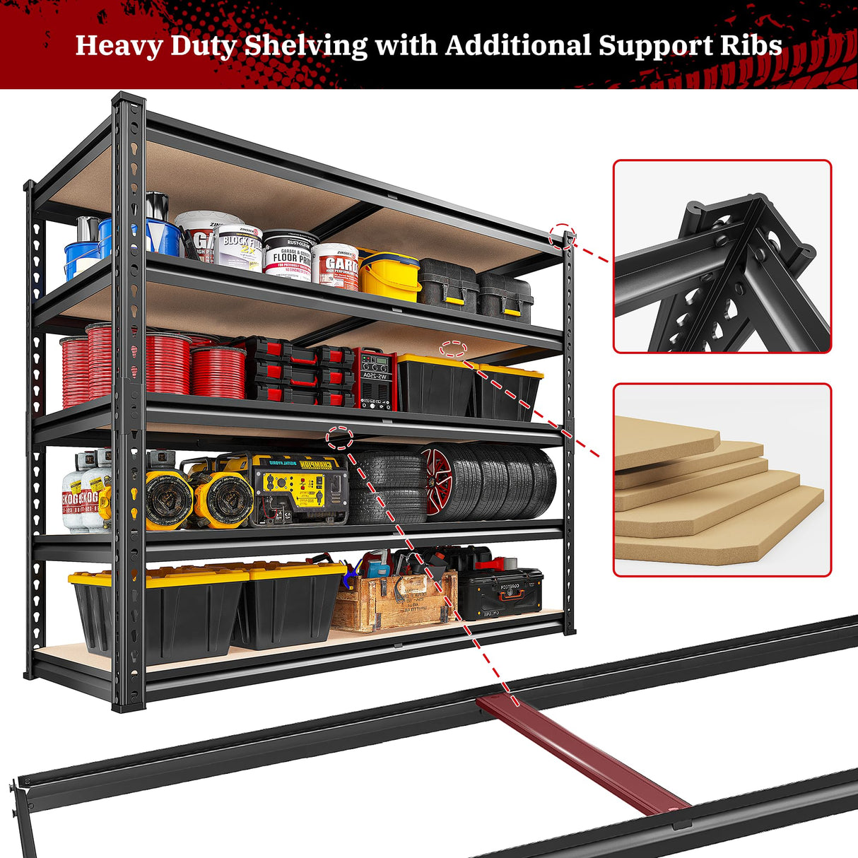 REIBII 2500LBS Garage Shelving 72''H Storage Shelves Heavy Duty Shelving 5 Tier Metal Shelves for Garage Shelves Adjustable Shelving Units and Storage for Closet Pantry Shelf, 39.4"W x 72"H x 19.7"D REIBII