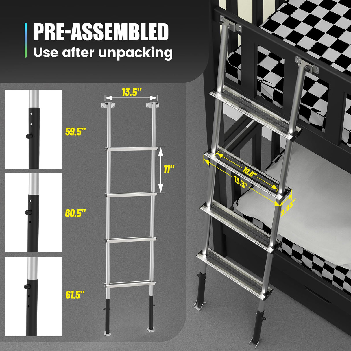 Marudina 61.5" Pre-Assembled Bunk Ladder, Adjustable 3 Levels of Height, Aluminum RV Bunk Bed Ladder with 4 Anti-Slip Steps, Non-Slip Feet, 2 Fixing Methods Marudina