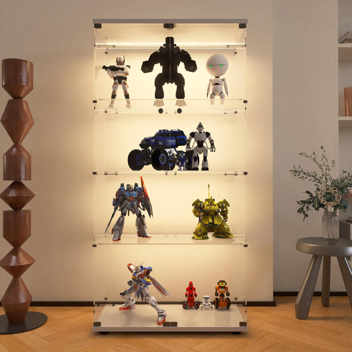 Modern 4-Tier Glass Display Shelf with 2 Doors, Curio Cabinet Collection - Floor Standing Display Case for Living Room, Bedroom, Home Office - 30" W x 14.5" D x 64" H (White with LED Light Strip) Zacis