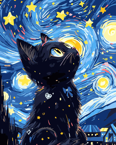 Yunnuo Paint by Numbers for Adults Black Cat, Paint by Numbers Kit on Canvas for Beginners, Starry Night Number Painting Set Craft Supplies, 3 Paintbrushes and Acrylic Paint 16x20 Inch