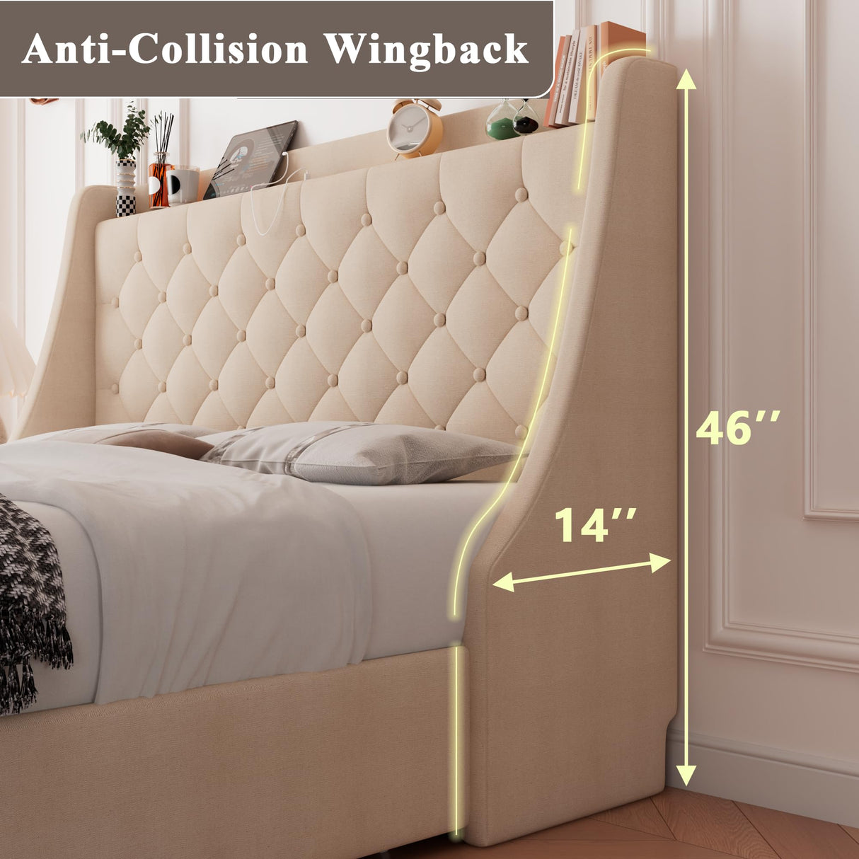 Feonase Upholstered Queen Bed Frame with 4 Storage Drawers, Charging Station and Tufted Wingback Storage Headboard, No Box Spring Needed, Easy Assembly, Beige Feonase