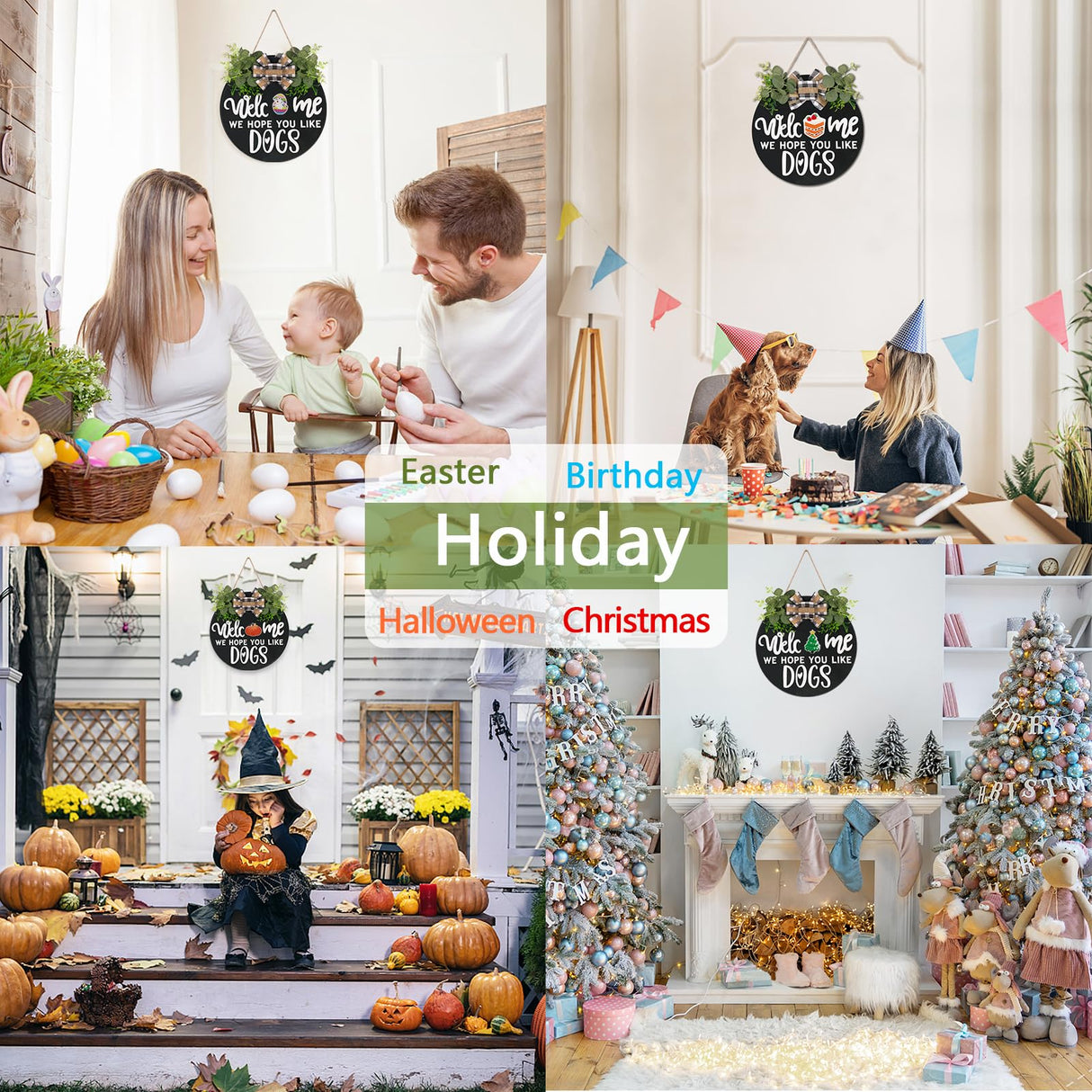 Interchangeable Wooden Seasonal Welcome Sign, Rustic Round Dogs Sign Front Door Wreaths for Home/Wall/Porch Decor, for Easter Spring Summer Fall Halloween Christmas All Season Decorations RoseCraft