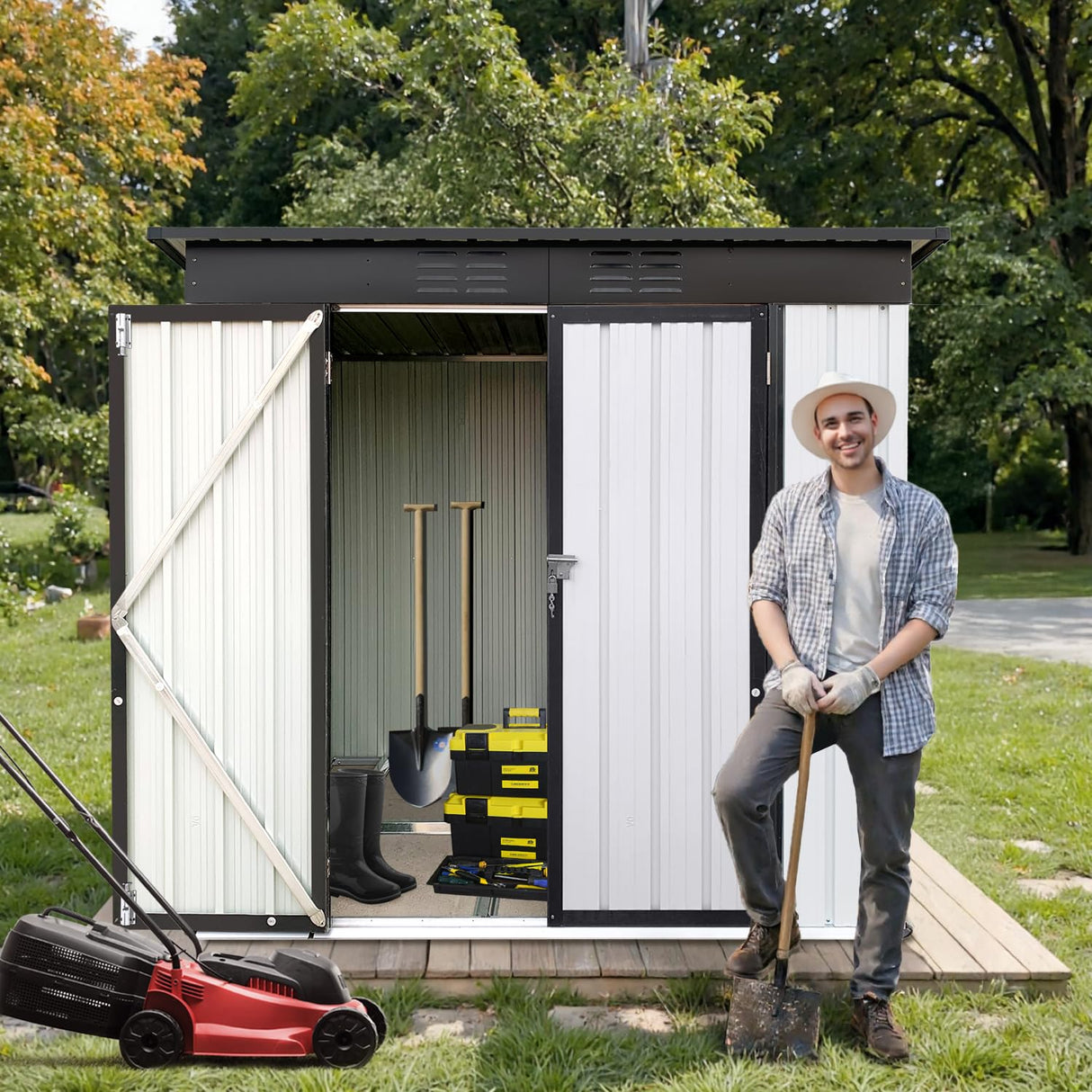 6 x 4 FT Outdoor Storage Shed, Metal Garden Tool Shed with Air Vents & Lockable Doors, Heavy-Duty Waterproof Small Bike shed Easy to Assemble for Garden, Lawn, Patio, Backyard, White LINKHOO