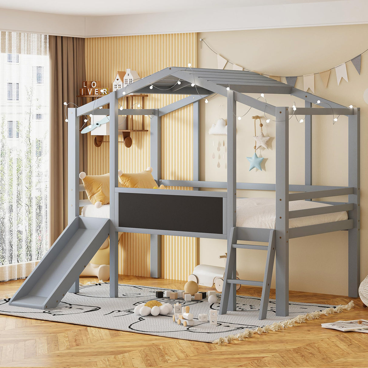 Merax Twin Loft Bed with Slide for Boys & Girls, Wood House Style with Blackboard & Light Strip, Grey Merax