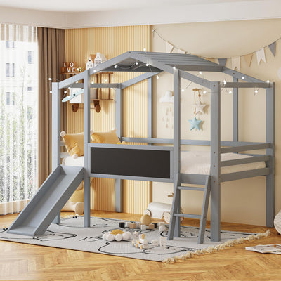 Merax Twin Loft Bed with Slide for Boys & Girls, Wood House Style with Blackboard & Light Strip, Grey