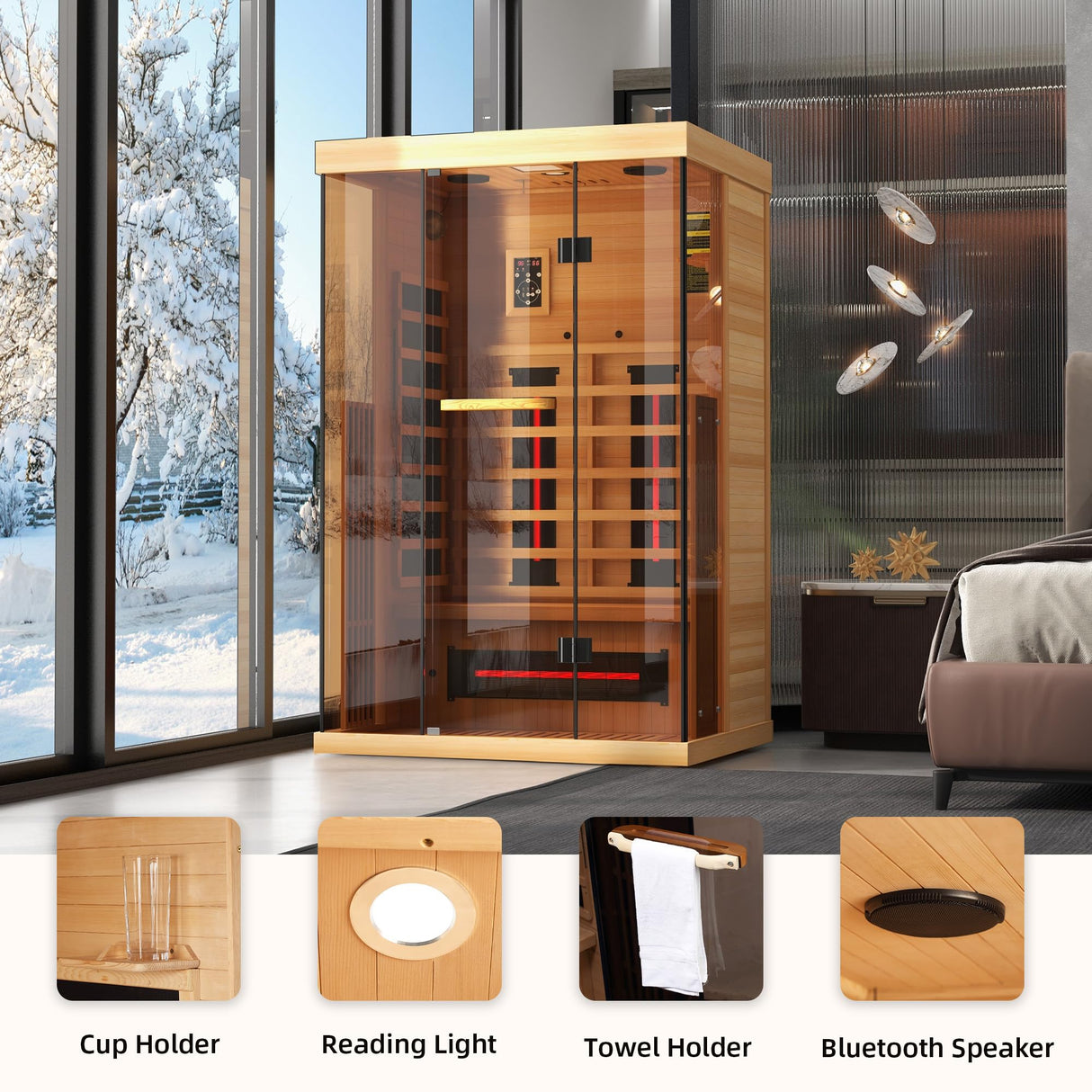BNEHS Infrared Saunas for Home, Upgraded 1-2 Person Sauna with 10 Minutes Fast Heating,Canadian Hemlock & Tempered Glass BNEHS
