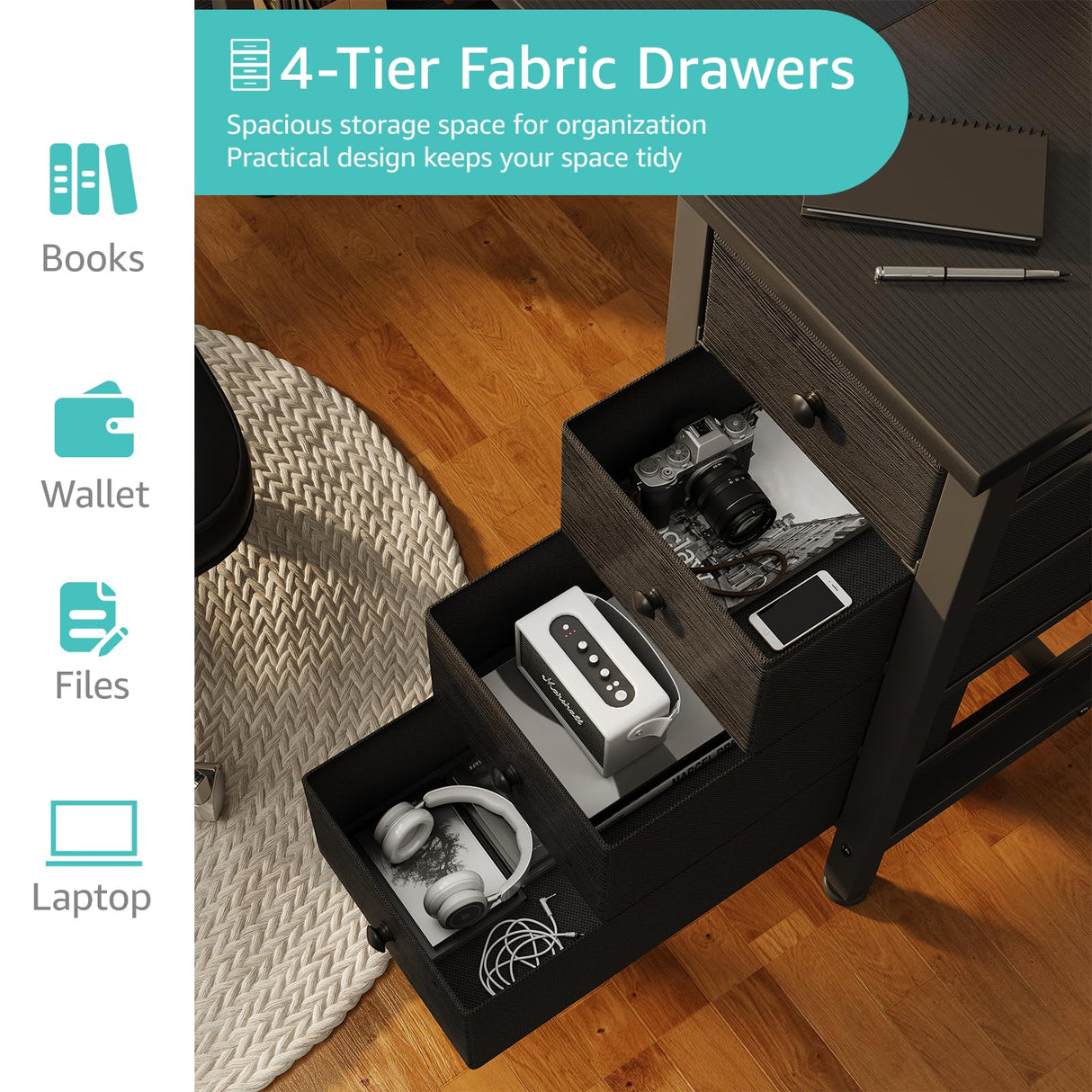 Lufeiya Gaming Desk with 4 Fabric Drawers & Storage Shelves, 47 inch Computer Writing Work Study Desk for Home Office Bedroom, Modern Simple Student PC Desks Table, Black Lufeiya