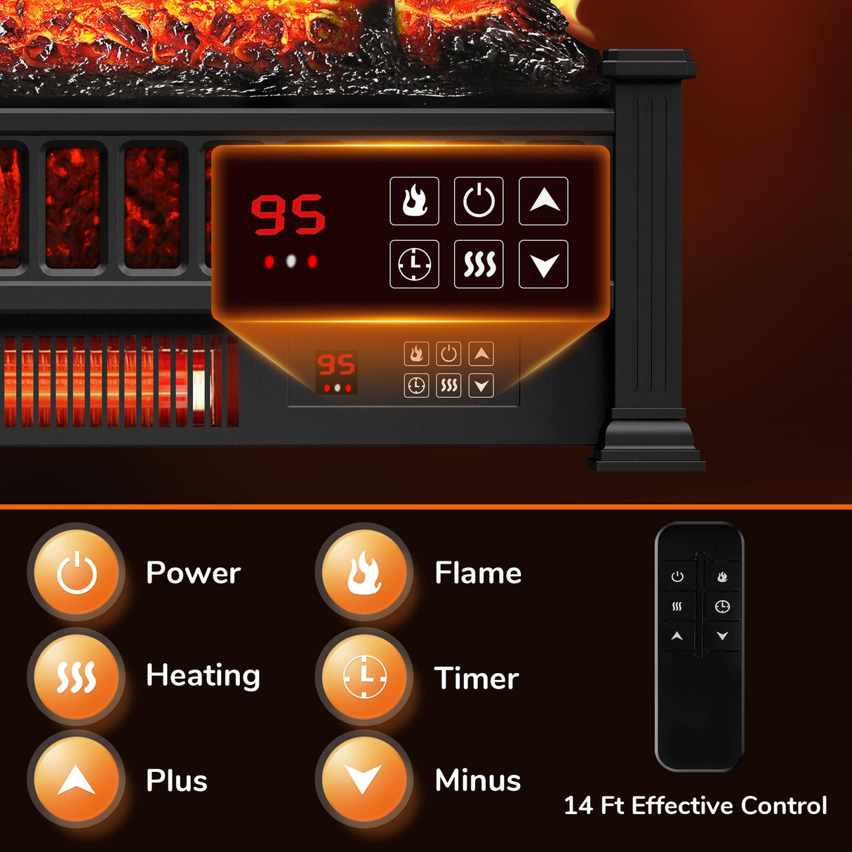 Alpaca Electric Fireplace Logs 20-Inch, Remote Controller Fireplace Insert Log Heater, Adjustable Flame Colors, Realistic Fake firewood Flame, Overheat Protection, Timer, Thermostat, 1500W Black Alpaca