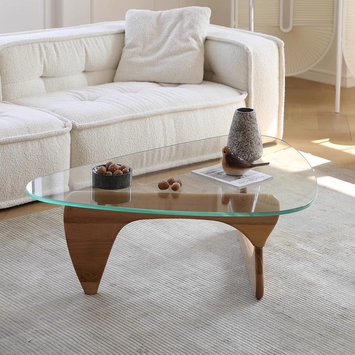 Modern Glass Coffee Table, 32.3″D×25.6″W×15.8″H-Abstract Unique Mid Century Triangle Center Table for Living Room, Minimalist Middle Tables for Home Office, Wooden Base DESYIFO