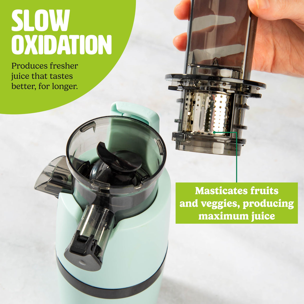 Tasty Slow Juicer, Compact Masticating Juicer with Pulp Separation, Maximum Juice Yield for Fresh, Nutrient-Rich Drinks, Easy Clean-Up & Compact Design, Aqua Tasty