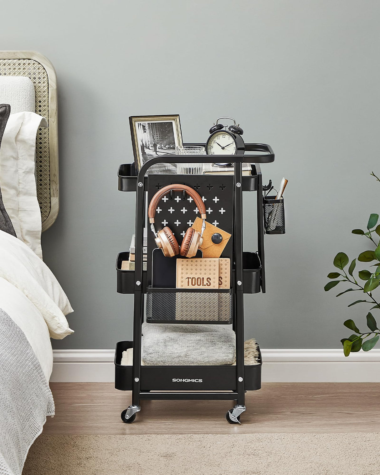 SONGMICS 3-Tier Storage Cart, Rolling Utility Cart, Metal Mesh Shelves, 2 Removable Pegboards, 2 Hanging Holders, 4 Hooks, Craft Cart for Living Room, Kitchen, Office, Bathroom, Ink Black ULRC037B01 SONGMICS