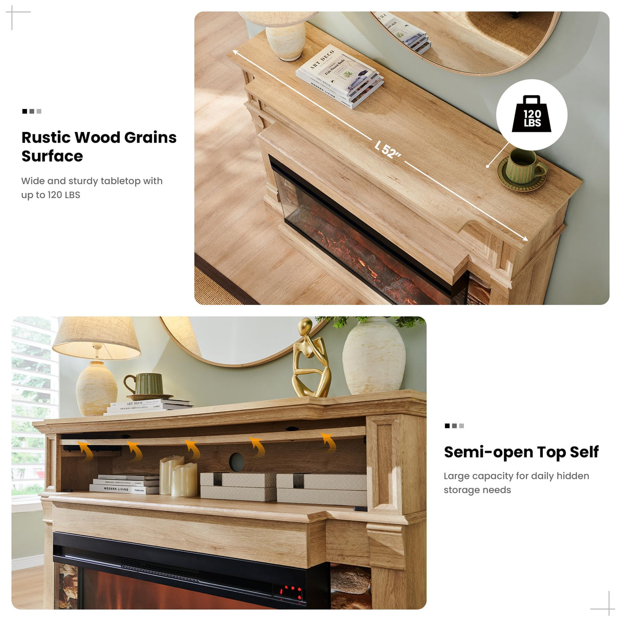 OKD 52" Electric Fireplace with Mantel, Freestanding Fireplace Heater TV Stand with 36" 3-Side Glass Insert for TVs Up to 65" with Storage Cabinet for Living Room, Natural Oak OKD