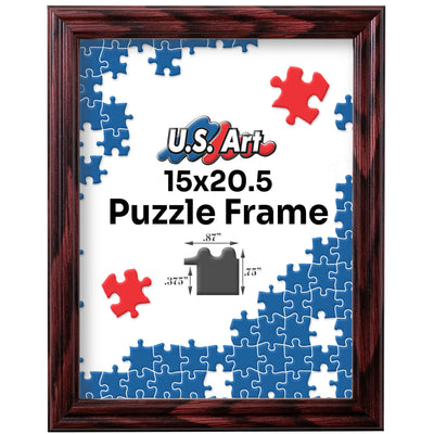 US Art Cherry 15x20.5 Puzzle Frame .75" Inch Wide - Handmade Solid Wood Picture Frames with Preinstalled Hangers and UV Blocking Plexiglass Frames