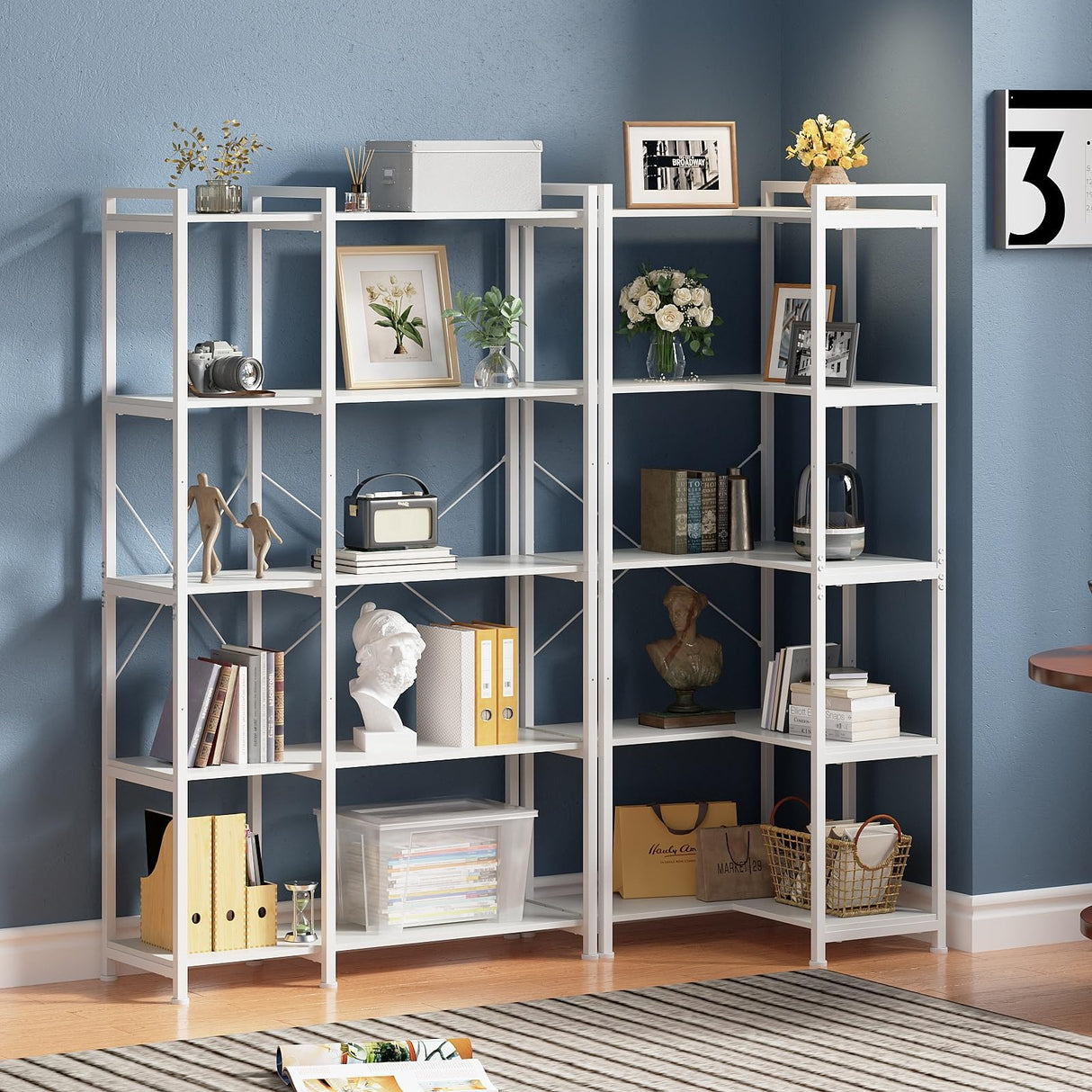 Tohomeor Bookshelf 5 Tier Deformable Corner Bookcase Free Standing Modern Industrial Book Storage Display Book Shelf for Bedroom Living Room Study Room Office (White) Tohomeor