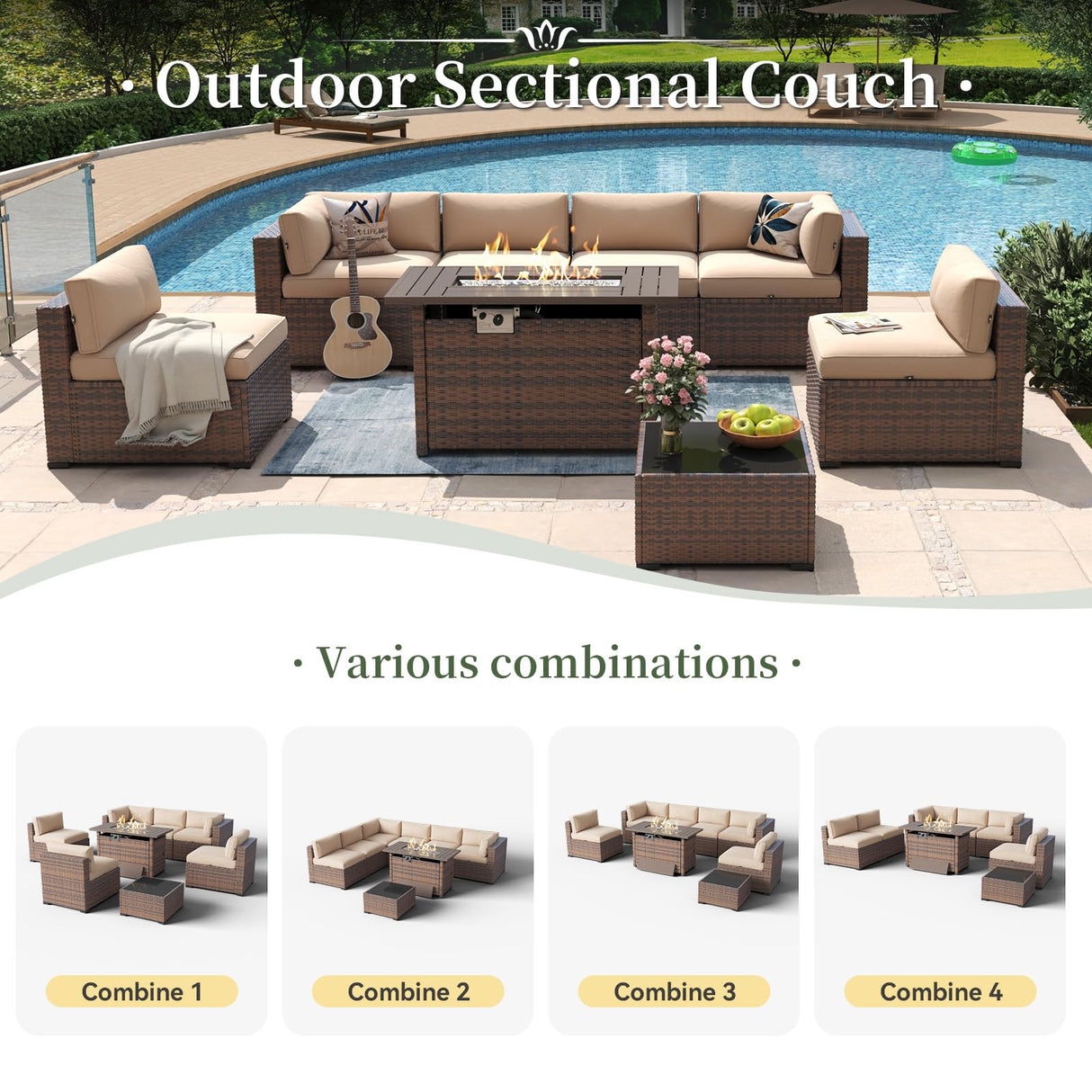 Aoxun 8 Piece Patio Furniture Set with 44” Fire Pit Table Wicker Rattan Outdoor Sectional Sofa Set with Coffee Table and Thickened Cushions, Beige (Waterproof Cover Included) Aoxun
