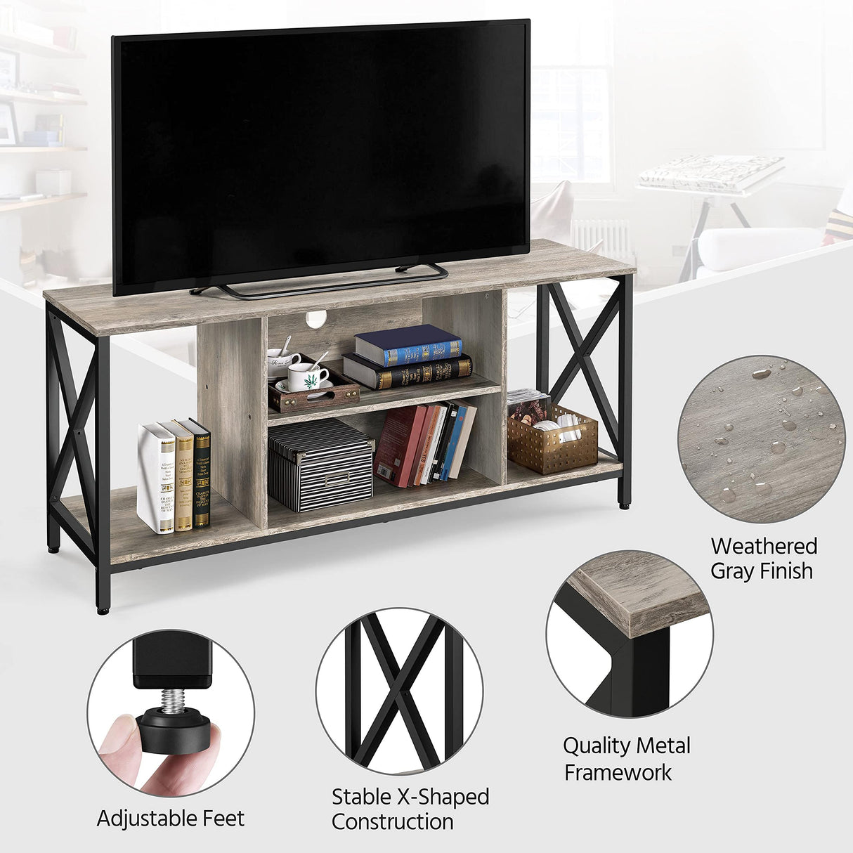 Yaheetech TV Stand for 65 inch TV Console Table with Storage Shelves Cabinet, 55" Wood Entertainment Center for Living Room, Industrial Modern Style TV Cabinet for Flat Screens, Gray Yaheetech