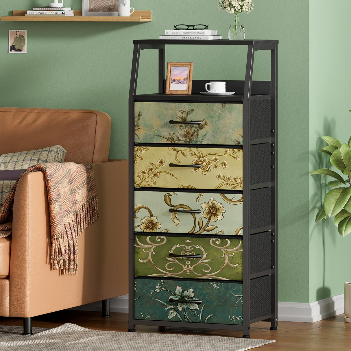 Furnulem Retro 5 Drawers Dresser, Tall Dressers for Bedroom, Closet, Hallway, Nursery, Fabric Storage Tower Organizer, Vertical Nightstand Side Table Furniture, Steel Frame, Wood Top Furnulem