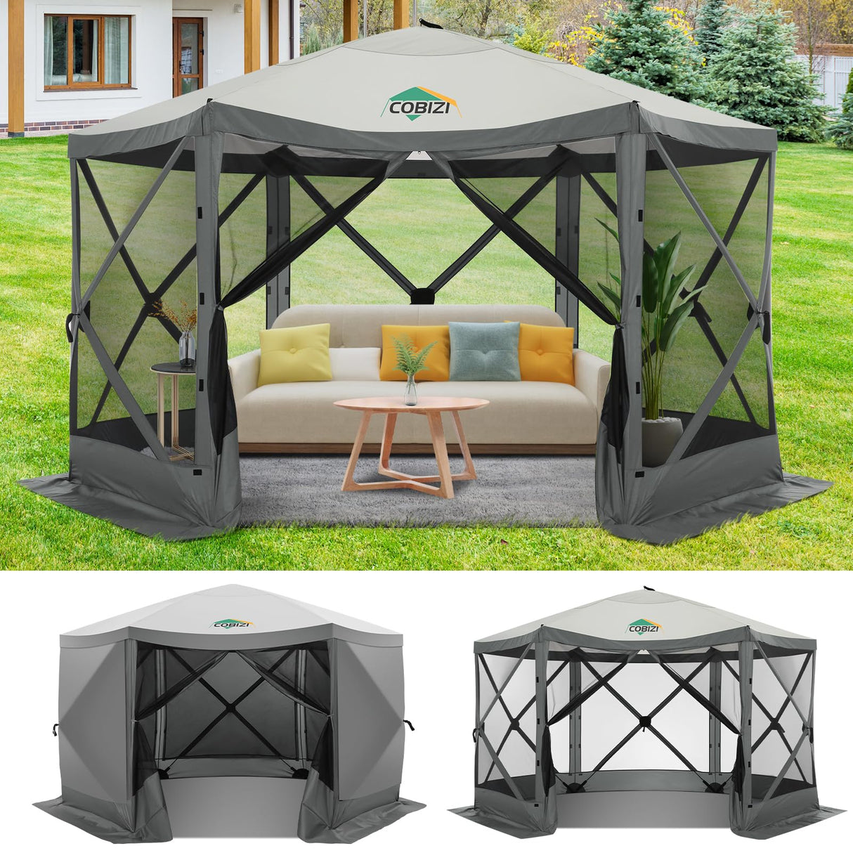 COBIZI 12x12ft Pop up Gazebo Screen Tent Screen House for Camping, Camping Outdoor Screened Gazebo with Sidewalls, Portable Hub Tent with Carrying Bag and Ground Stakes, Grey(Upgraded 2.0) COBIZI