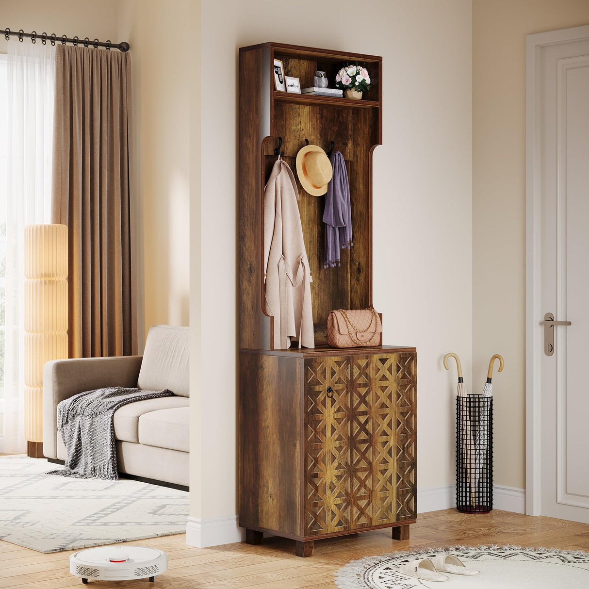 Tribesigns 3-in-1 Entryway Hall Tree with Storage, Farmhouse Hall Tree with Coat Rack, Top Storage and Shoe Cabinet for Entryway, Hallway, Bedroom, Rustic Brown Tribesigns